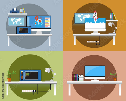 Workspace computer and desk for working flat design vector. 