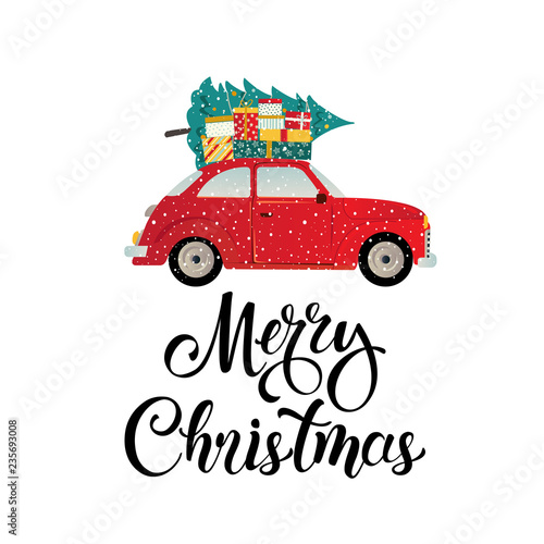 Merry christmas stylized typography. Vintage red car with christmas tree and gift boxes. Vector flat style illustration.