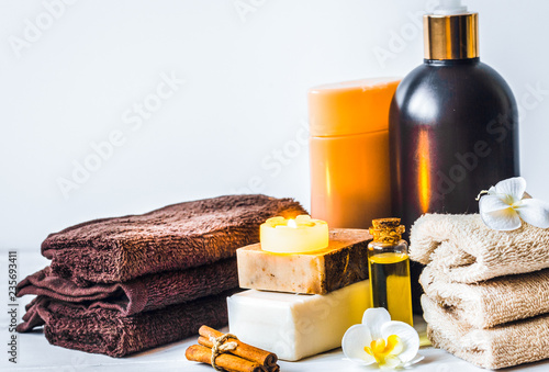 Preparation for spa treatments on white background