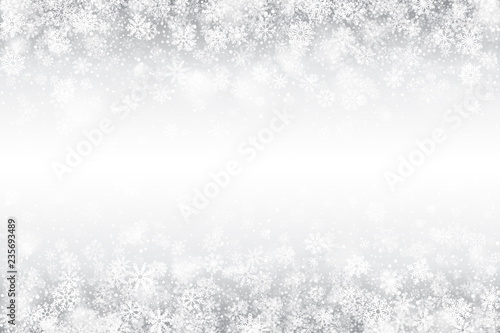 Vector Winter Swirling Snow Effect with Bright White Snowflakes and Lights on Silver Background. Merry Christmas and Happy New Year Holidays Illustration. Frozen Ice on Window Backdrop