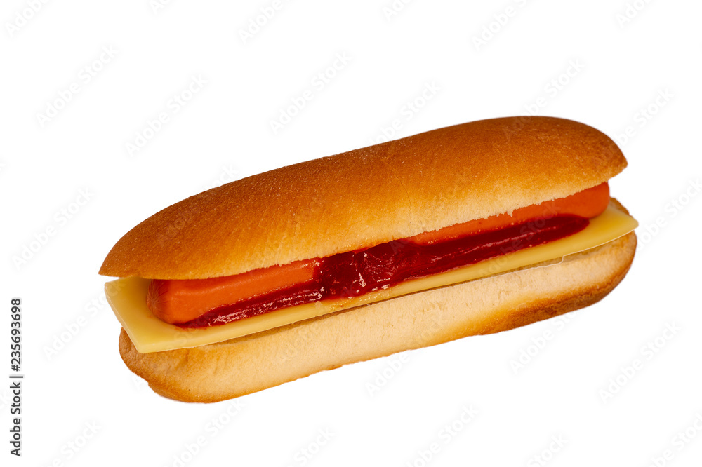 Hot dog with ketchup and cheese on white Hot dog with ketchup and cheese on white