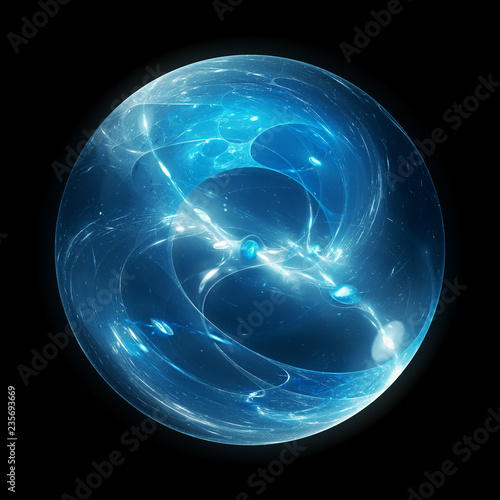 Blue glowing multidimensional energy sphere isolated on black photo