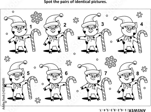 IQ training visual puzzle and coloring page with little pigs: Spot the pairs of identical images. Answer included.