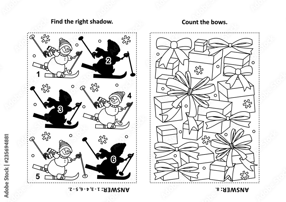 Two visual puzzles and coloring page for kids. Find the shadow for each