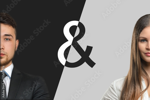 A businessman and a businesswoman on a contrast background of opposite black and white colors.