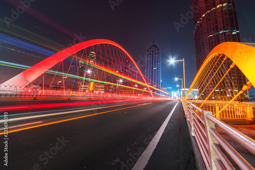 abstract image of blur motion of cars on the city road at night，Modern urban architecture in tianjin, China © onlyyouqj