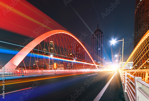 abstract image of blur motion of cars on the city road at night，Modern urban architecture in tianjin, China © onlyyouqj