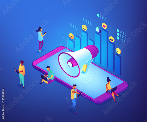 Smartphone with megaphone and social media icons diagram. Social media marketing, internet marketing, social networking marketing concept. Ultraviolet neon vector isometric 3D illustration.