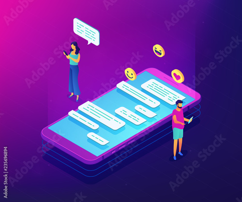 Businessman and woman and chatting conversation on smartphone with emoticons. Messaging application, mobile chat app, messenger mobile soft concept. Ultraviolet neon vector isometric 3D illustration.