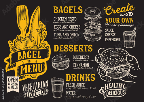 Bagel and sandwich menu food template for restaurant with doodle hand-drawn graphic.