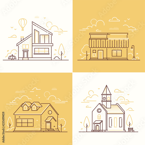 Town architecture - set of thin line design style vector illustrations
