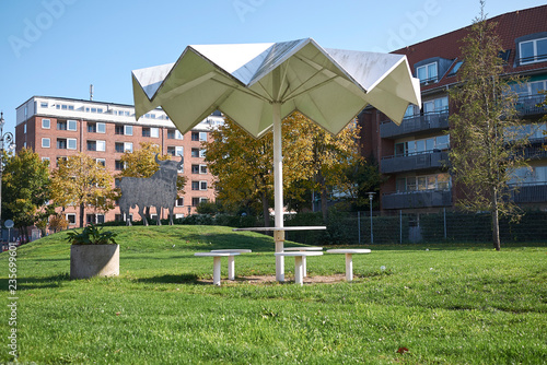Copenhagen, Denmark - October 11, 2018 : View of Superkilen park, Armenian picnic table