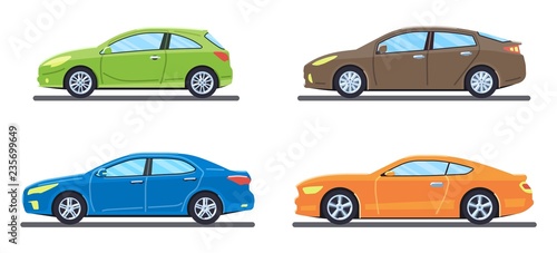 Set of personal cars. Set of automobiles in flat style. Sedan  sport coupe car  hatchback. Side view. Vector illustration.