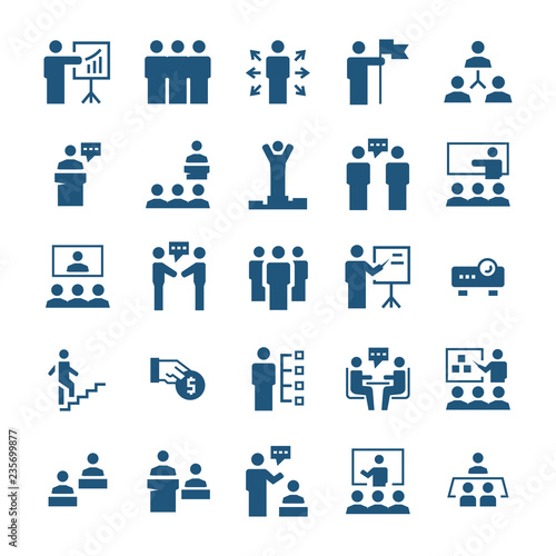 Business people,presentation,training icon set in flat style. Vector symbols.