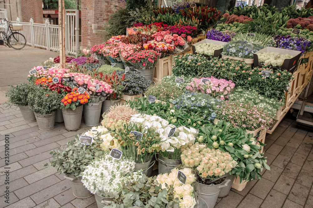 Beautiful colorful flowers in street flower shop. Tulips and decorative onion. Rotterdam, The Netherlands. 