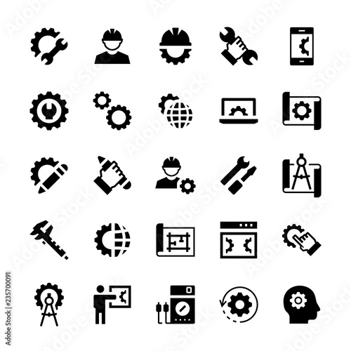 Engineering and manufacturing icon set in flat style. Vector symbols.
