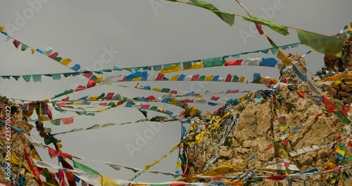 4k Prayer flags at the lake namtso in tibet,ancient holy monk meditation in cave,ZhaXi Peninsula,tibet mansarovar,Tibet's second largest lake,is the third largest saltwater lake in China. photo