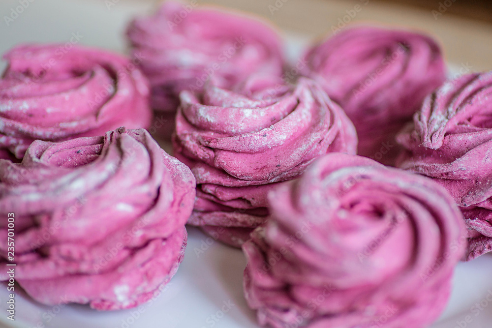Pink home-made marshmallows with black currant. Pink home-made marshmallows with black currant.
