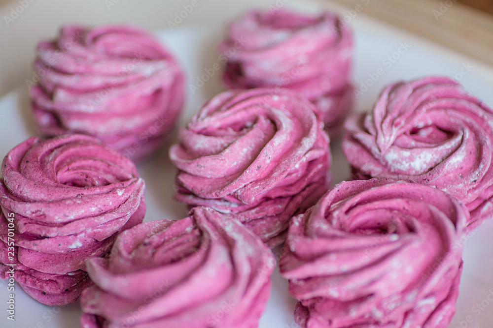 Pink home-made marshmallows with black currant. Pink home-made marshmallows with black currant.