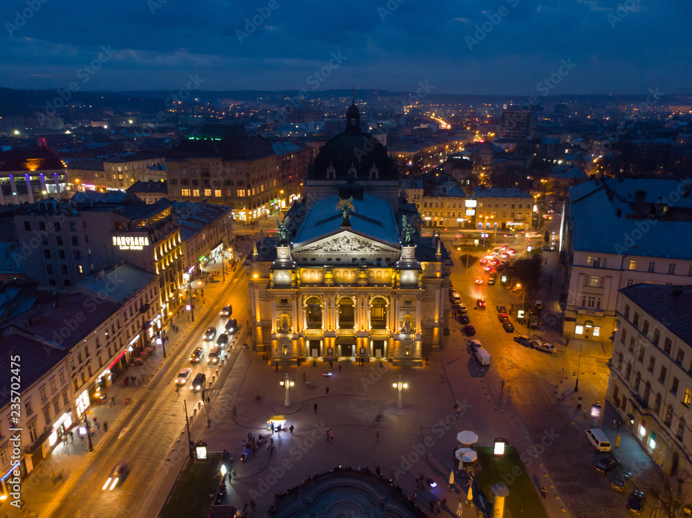 beautiful cityscape of old european city in night. aerial view concept