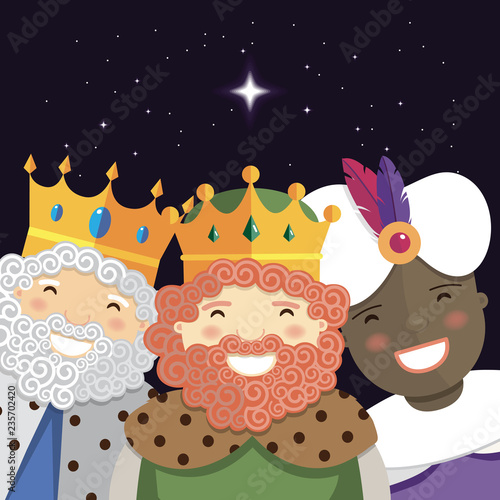 Three kings smiling. Wise men. Epiphany day