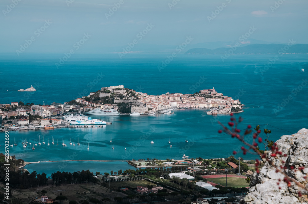 Portoferraio, the medieval town and harbour viewed from the hill, Elba island, Tuscany, Italy