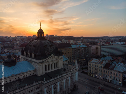 beauty sunset over old european city. birds eye view concept