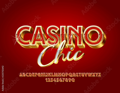 Vector Chic Casino emblem with Rich Font. Elegant Gold and Red Alphabet.