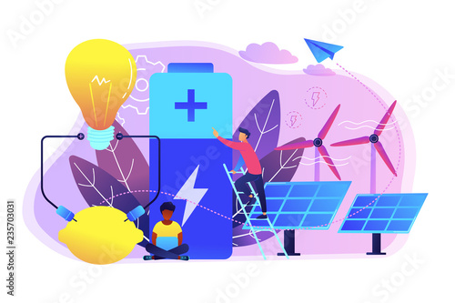Scientists with lemon charging, solar pannels, wind turbines. Innovative battery technology, new battery creation, battery science project concept. Bright vibrant violet vector isolated illustration