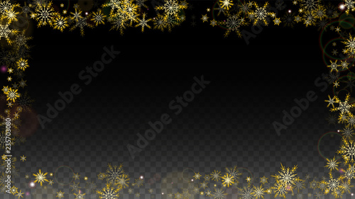 Christmas  Vector Background with Gold Falling Snowflakes Isolated on Transparent Background. Realistic Snow Sparkle Pattern. Snowfall Overlay Print. Winter Sky. Design for Party Invitation.
