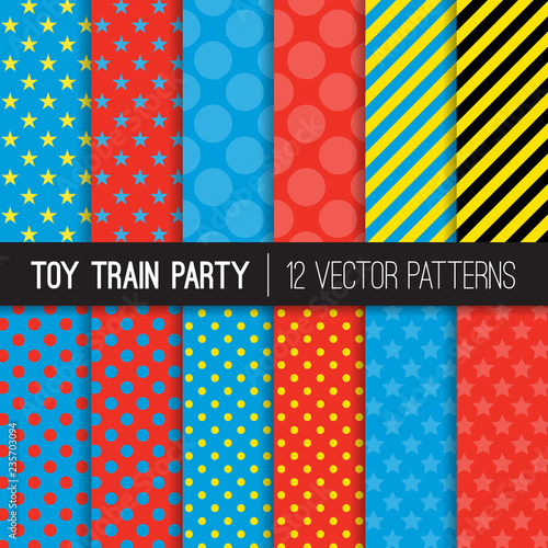 Toy Train Theme Vector Seamless Patterns. Children Rail Road Birthday Party Decoration Backgrounds. Red, Blue, Black and Yellow Stripes, Stars and Polka Dots. Repeating Pattern Tile Swatches Included