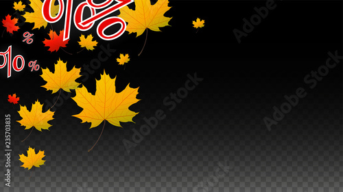 Vector Percentage Sign and Autumn Leaves Confetti on Transparent Background. Percent Sale Background. Business, Economics, Finance Print. Discount Illustration. Promotion poster. Black Friday Banner. 