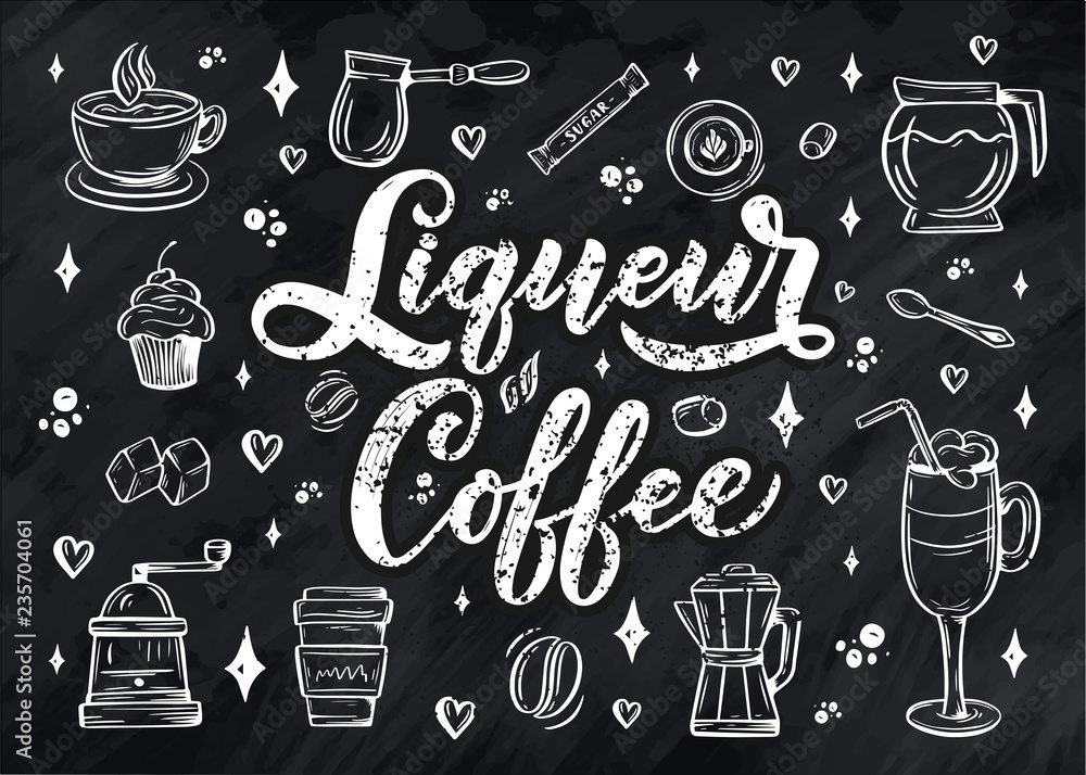 Hand lettering name of coffee with sketch for coffee shop or cafe. Hand drawn vintage typography phrase, isolated on white background