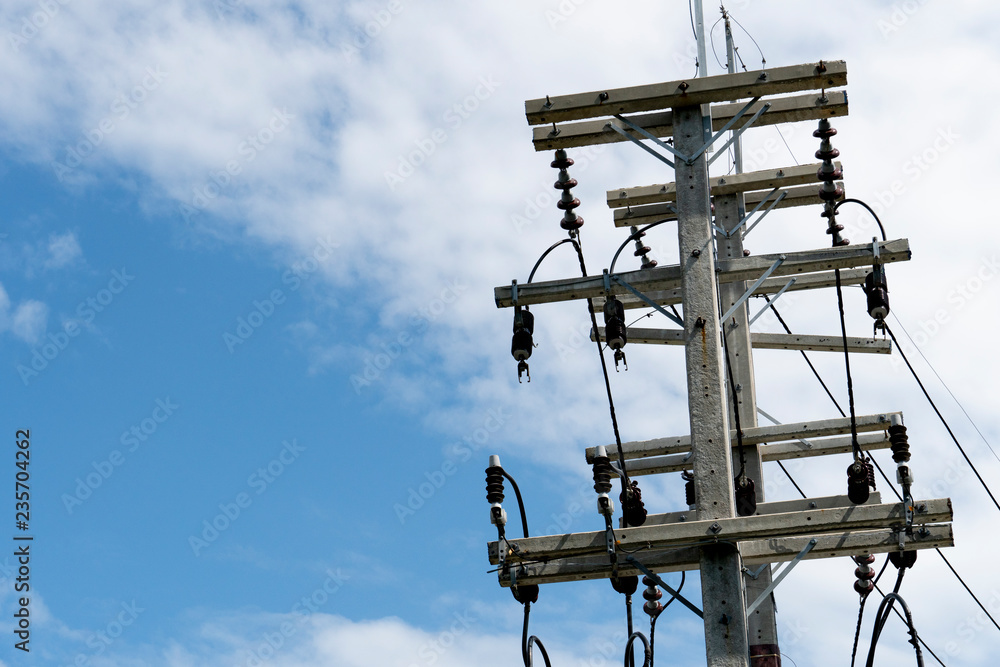 Electric pole junction under blue sky. Electric pole junction under blue sky.