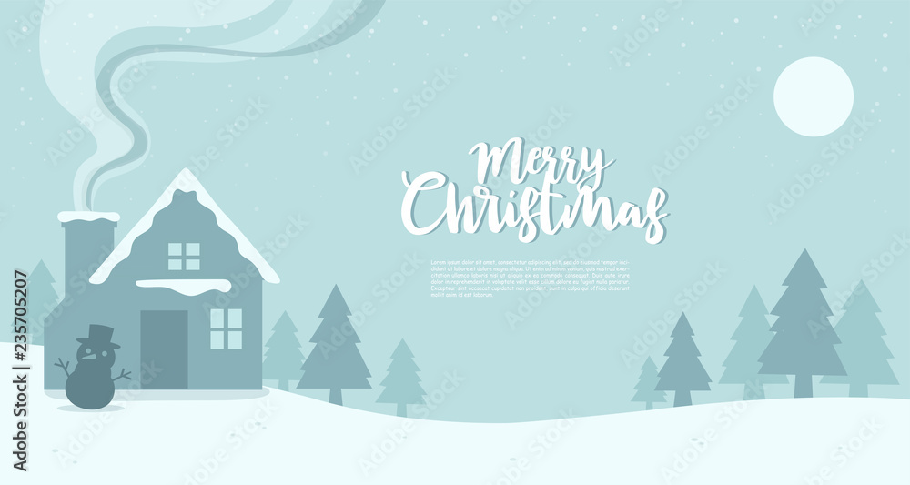 Merry Christmas And Happy New Year Greeting Card. Silhouettes of House and snowman on snow ground.