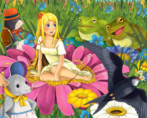 cartoon scene with young beautiful elf girl on the meadow with flying with different animal friends - cuckoo bird mouse mole and frogs - illustration for children