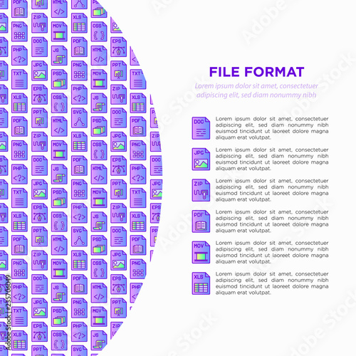 File formats concept with thin line icons: doc, pdf, php, html, jpg, png, txt, mov, eps, zip, css, js. Modern vector illustration, print media template.