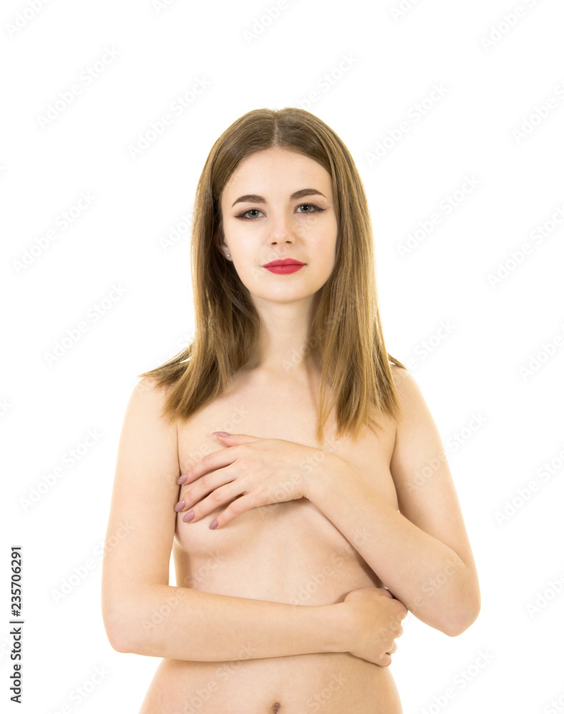 Obraz premium Portrait of a naked young, smiling woman with long hair and makeup.