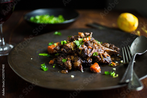 Close up of oxtail stew served on plate
