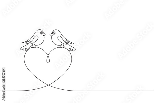Couple of love birds and a heart. Continuous line drawing.