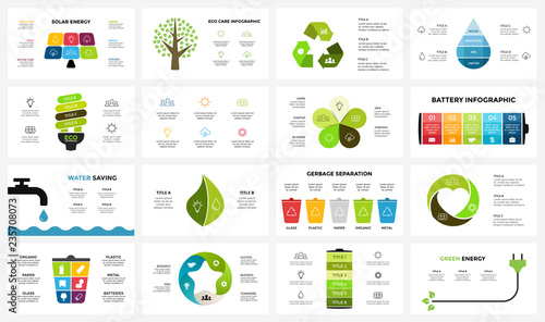 Vector infographic templates set. Ecology nature environment. Circle diagram. Presentation slide template. Eco care concept with 3, 4, 5, 6, 7, 8 options, parts, steps, processes.