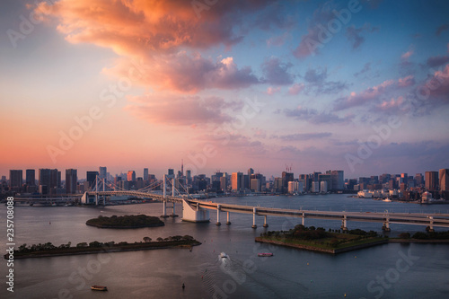 Tokyo skyline with Tokyo Tower and Rainbow Bridge at sunset in Japan