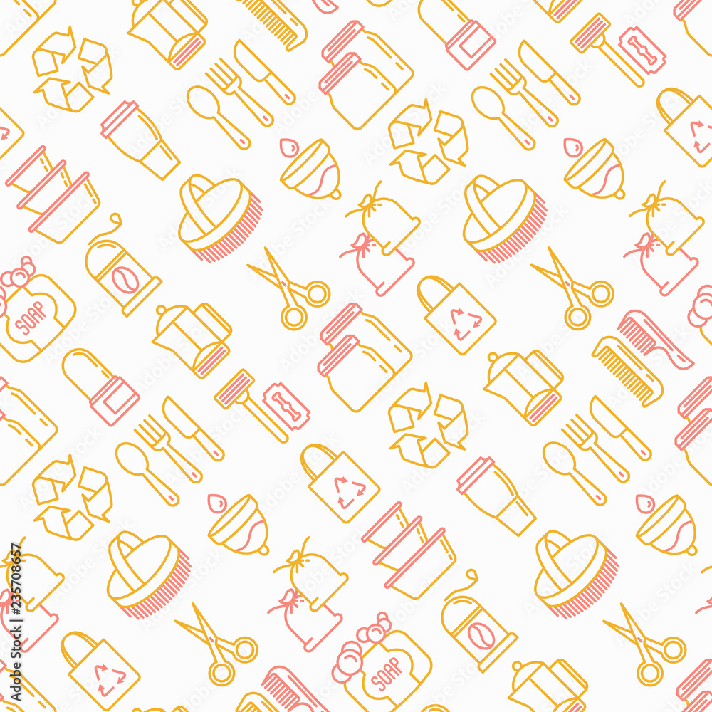 Zero waste seamless pattern with thin line icons: menstrual cup, safety razor, glass jar, natural deodorant, hand coffee grinder, french press, metal scissors. Modern vector illustration.