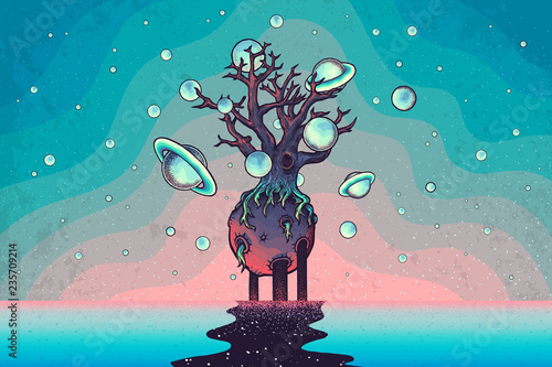 Hand drawn abstract mystery tree on the moon in deep space.