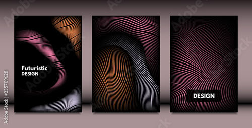 Abstract Wavy Shapes with 3d Effect. Cover Design Templates Set with Vibrant Gradient and Wavy Stripes in Minimal Style. Vector Abstraction with Distorted Lines. Wavy Shapes for Cover, Brochure, Book