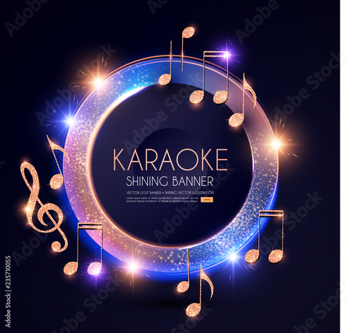 Music Event Shining Banner with Golden Notes and Lights. Festival Design Template.