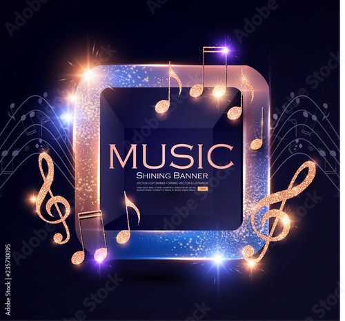Music Event Shining Banner with Golden Notes and Lights. Festival Design Template.