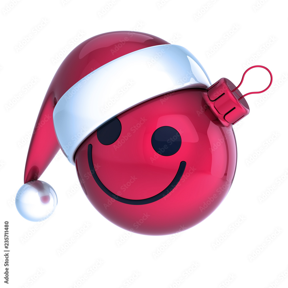 Fototapeta premium Emoticon Christmas ball smiling face red. New Year's Eve Day bauble Santa Claus hat cartoon decoration cute. Cheerful funny person laughing character adornment. 3d illustration