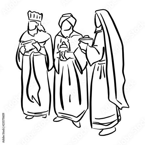 Three biblical Kings vector illustration sketch doodle hand drawn with black lines isolated on white background