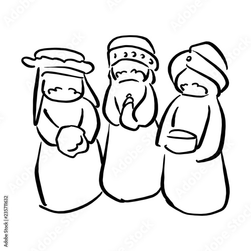 Three kings of Bethlehem Nativity concept vector illustration sketch doodle hand drawn with black lines isolated on white background